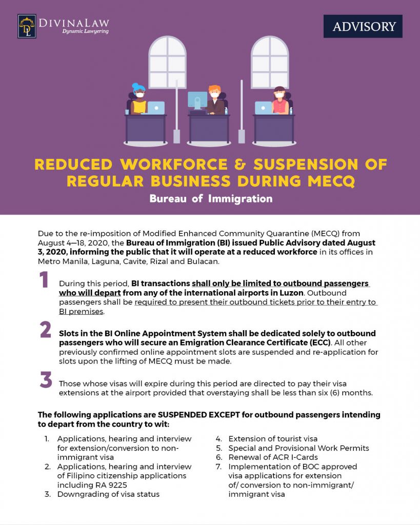 Bureau of Immigration: Reduced Workforce & Suspension of Regular Business during MECQ